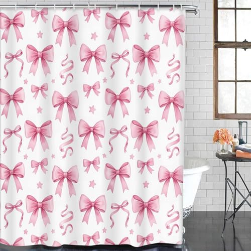 ArtSocket Bow Pink Coquette Bathroom Set with Shower Curtain and Bath Rugs and Accessories, Star Preppy Non-Slip Shower Curtain Set, Bathroom Decor 3 Pcs, 72" L x 72" W - color: Bow Pink Coquette