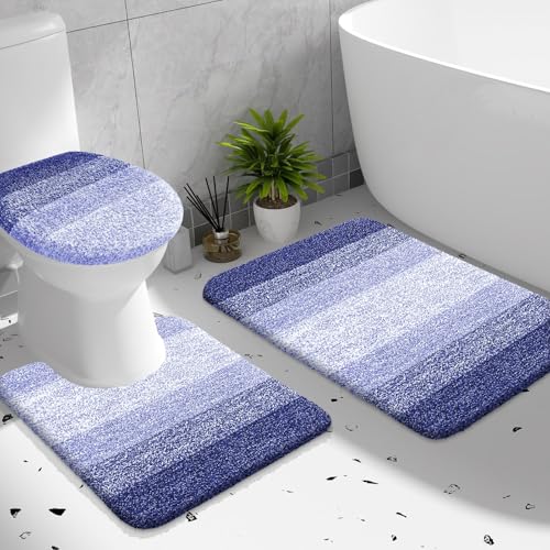 OLANLY Bathroom Rugs Sets 3 piece, Soft Microfiber Absorbent Bath Mat, U-Shaped Contour Toilet Mat and Toilet Lid Cover, Quick Dry, Machine Washable, Toilet Cover and Rug Set for Bathroom, Blue-Violet - color: Blue-violet, size: 30" X 20" + U24" X 20" + 1