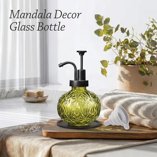 Vintage Glass Soap Dispenser - Rustic Snowflake Design, 2 Pack Refillable Dish Soap Dispenser with Pump for Kitchen and Bathroom, Antique Farmhouse Decor (Green-Black Pump) - color: Green-black Pump 2p