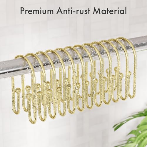 AmazerBath Shower Curtain Hooks, Gold Shower Curtain Hooks Rust Proof, Non-Slip Simple Double Hook Shower Curtain Hooks for Shower Curtain, Sturdy Shower Curtain Rings, 12Pcs - color: Gold, style: Minimalist