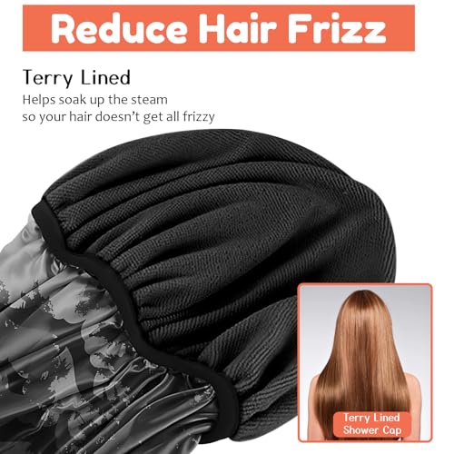 Luxury Shower Cap Terry Lined Reusable Triple Layer Waterproof Hair Elastic Caps Shower Bath Hat for Women Girls Cute Aesthetic-Black Bat - color: AL12-Black Bat