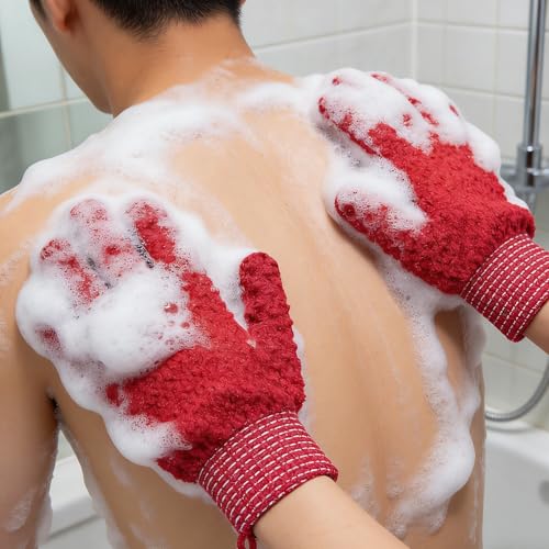 Exfoliating Bath Gloves 2 Pairs - Heavy Texture Body Scrub Gloves for Shower, Spa, Massage and Body Scrubs, Dead Skin Remover, Washing Gloves with Hanging Loop(Red) - color: Red