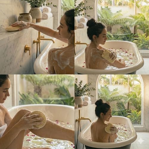 MIMPER 100% Natural Loofah Body Scrubber Sponge Set of 4 for Body Exfoliation | Eco-Friendly Biodegradable Bath Scrubber Shower & Spa Use – Plastic-Free | Heart, Oval, Rectangle & Round Shapes For All