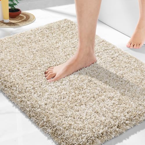 Yimobra Bathroom Rugs Non Slip Washable, Ultra Soft and Water Absorbent Bath Mats, Plush Fluffy Shower Mat Outside, Microfiber Thick Matts for Bathroom Floor/Sink, 24X17, Light Beige and White - color: Light Beige and White, size: 17" X 24"