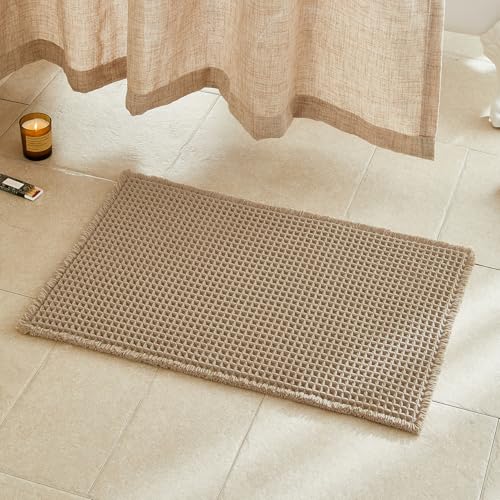 TYUU Waffle Bath Mat, Boho Bathroom Rugs Non Slip Washable Super Absorbent Quick Dry Farmhouse Bathroom Decor, 30"x20" Khaki - color: Khaki, size: 1'8" X 2'6" (Rectangular)