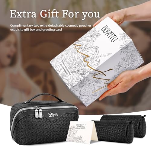 BOYATU Travel Makeup Bag Cosmetic Bags for Women: Large Capacity 3 Pcs Set Make up Bag with Compartments - Waterproof Vegan Leather Toiletry Organizer Bags with Handle (L15 Black) - color: L15 Black