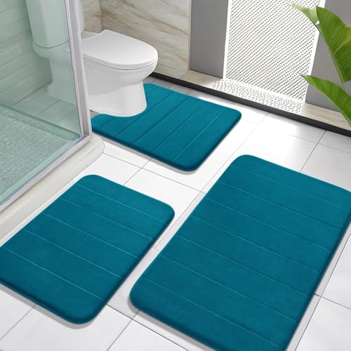 Yimobra Memory Foam Bath Mat Set 3 Pieces- Super Soft Absorbent Quick Dry Bathroom Rug Sets, Machine Washable Non Slip Floor Carpet for Tub Shower, Vanity & Toilet Base, Peacock Blue - color: Peacock Blue, size: 31.5''x20'' +17''x24'' + 24''x20''