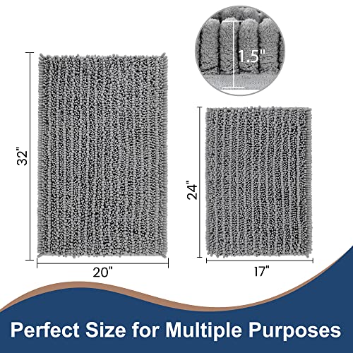 FLOLEOPA Luxury Chenille Grey Bathroom Rugs Bath Mats Sets, Extra Soft and Absorbent Bathroom Rugs Non Skid Machine Wash Dry Bath Mats（32"x20" Plus 17"x24"） - color: Grey, size: 32"x20" Plus 17"x24"