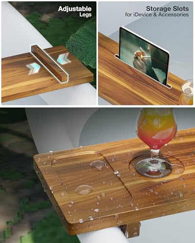 Bathtub Tray, Acacia Bath Tray for Tub, 34.6''x9'' Wooden Bathtub Caddy Tray with Adjustable Legs Fit Various Bathtubs, Anti-Tipping, Sustainable Bath Table with Wine Glass and Tablet Holder - color: Acacia