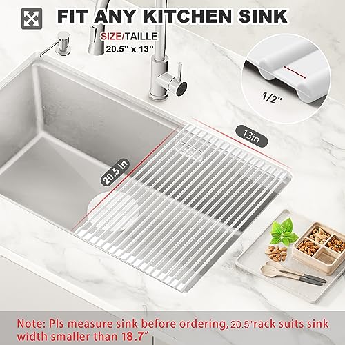 MERRYBOX Roll Up Dish Drying Rack Silicone Wrapped Over The Sink Dish Rack Foldable Dish Drainer Anti-Slip Dish Racks for Kitchen Counter, Multipurpose Kitchen Sink Drying Rack, 20.5" x 13", White - color: Rectangle-white, size: Rectangle: 20.5" x 13.1"