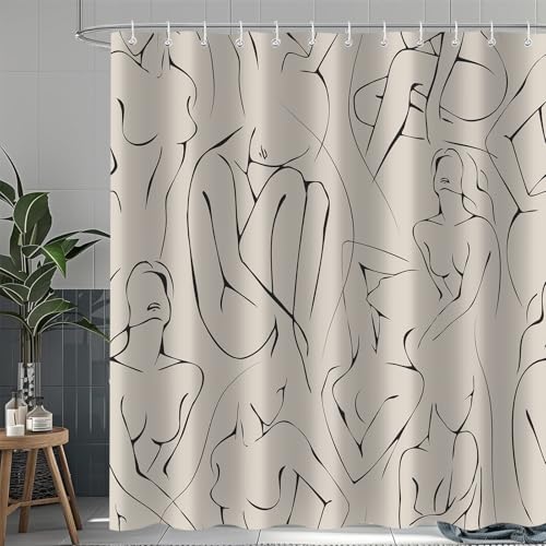Female Body Shower Curtain, Abstract Line Texture Boho Bath Curtain Decor for Women, Polyester Fabric Waterproof Bathroom Decoration Accessory Set with 12 Hooks 72x72 inch - color: Beige, size: 72"W x 72"L (Pack of 1)