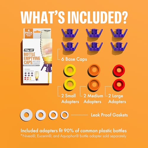 Flip-It! Bottle Emptying Kit – 6 Bottle Pack - No more wasted product - Fits most plastic bottles – 6 Base Caps, 6 Adapters – Bright Color Edition - color: Bright, size: 6-Pack