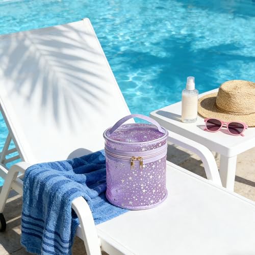 Waterproof Pink Star PVC Makeup Bag - 7.1x6.3in Barrel Cosmetic Organizer with Zipper, Portable Toiletry Pouch for Women & Men (Purple) - color: Purple