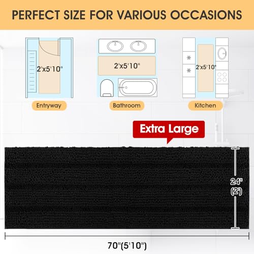ACCUMTEK Extra Long Striped Black Bathroom Rug Mat 70"x24" Ultra Soft, Non Slip Chenille Bath Rugs, Absorbent Plush Shaggy Bath Mats for Bathroom, Bedroom, Kitchen, Shower, Tub - color: Black, size: 1'11" x 5'10" (Runner)
