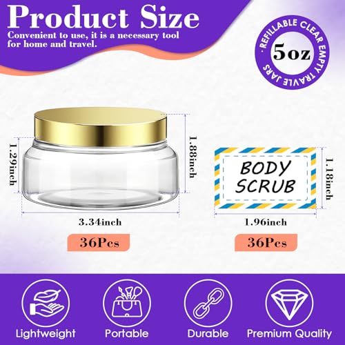 36 Pack 5 oz Amber Plastic Cosmetic Containers With Lids Refillable Clear Empty Travle Jars Containers for Body Butter,Sugar Scrubs,Cream,Lotions,Candy, Waterproof Label&Spatulas - (Black Lid) - color: Brown-Black Lid, size: 5 OZ