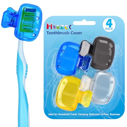 Hxezoc 4 Pack Toothbrush Covers Toothbrush Holders Portable Toothbrush Protector Cap Brush Pod Case Protective Plastic Clip for Household Travel, Camping, Bathroom, School, Business - color: Clear, Yellow, Grey, Blue
