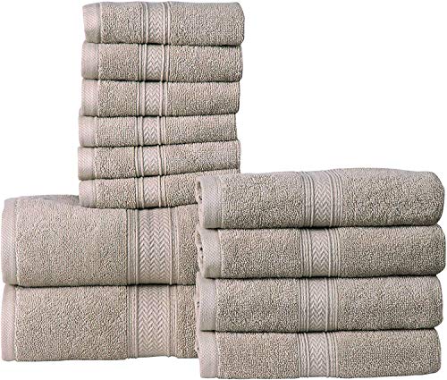 Hillfair 12-Piece Cotton Bath Towel Set - 600 GSM - Hotel Spa Towels - 2 Bath, 4 Hand, 6 Washcloths - Absorbent Soft Cotton - Khaki Stone - color: Stone, size: 12 Piece Towel Set