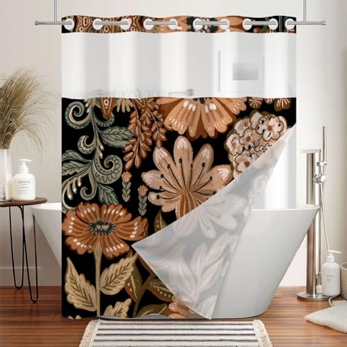 No Hook Boho Shower Curtain and Liner Set 71 x 74 Inch | Tan Botanical Flower Print, Waterproof Fabric Bath Curtain Breathable Mesh Top Window for Farmhouse Bathroom, Hotel Decor - color: Tan