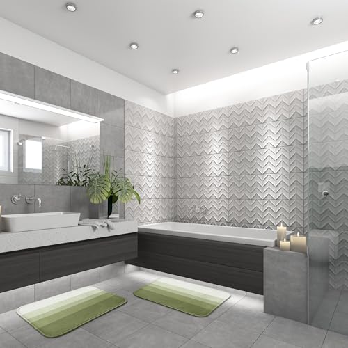 ArtSocket Green Olive Ombre Bathroom Set with Shower Curtain and Bath Rugs and Accessories, Striped Modern Neutral Non-Slip, 72" L x 72" W Curtain, 23.6" L x 15.7" W + 19.7"x 31.5" Rugs, 3 Pcs - color: Green Olive Ombre