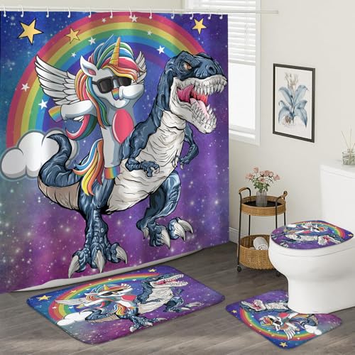 4Pcs Shower Curtain Set, Funny Unicorn Dinosaur Kids Bathroom Shower Curtain with Rugs and Accessories,with Non-Slip Rugs, Toilet Lid Cover and Bath Mat for Bathroom Decor Set - color: Unicorn Dinosaur