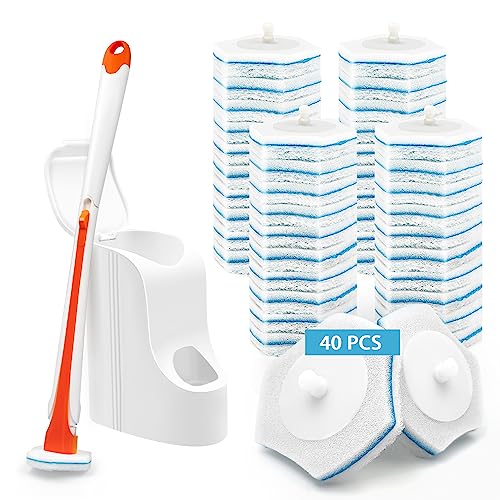 JEHONN Disposable Toilet Bowl Cleaner Wand with 40 Cleaner Refills, Wall Mounted Long Handle Compact Bathroom Scrub Brush Holder Set for Sink Bathtub Wash Basin Mop Pool (Orange) - color: Orange