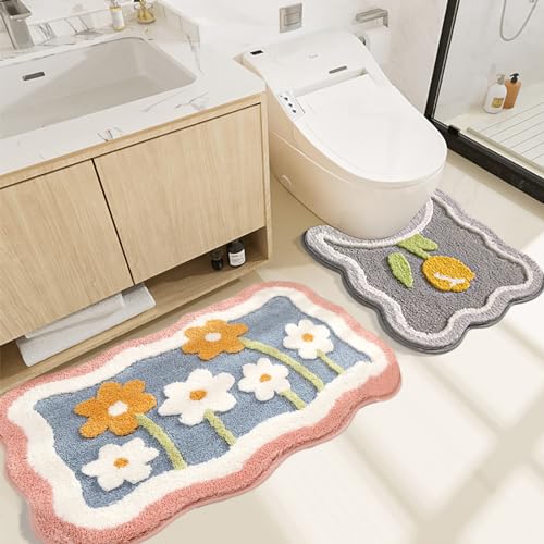 Bathroom Rug Set 2 Piece, Pink Microfiber Bath Mat & U-Shaped Toilet Rug, Non-Slip Washable Carpet 32x20 & 22x20 - color: Pink 32x20" + Grey 22x20"
