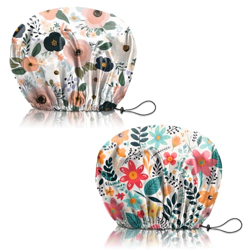 2 PCS Shower Cap Reusable Waterproof Adjustable Double Layer Elastic Dry Hair Bathing Caps Aesthetic Cute for Women Girls-Pink Flower - color: H-13-Pink Flower