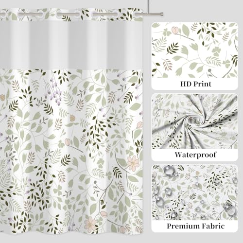 No Hook Botanical Shower Curtain with Snap in Liner, 71x74 Inch | Sage Green Leaf & Blush Floral Shower Curtains for Farmhouse Bathroom, Mesh Top Window Waterproof Fabric Bath Curtain, - color: Light Green Botanical