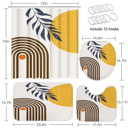 Boho Mid Century Shower Curtain Set with Toilet Lid Cover and Non-Slip Rugs, Modern Abstract 4 Pcs Yellow Sun Minimalist Shower Curtain for Bathroom Set with 12 Hooks - color: Mid Century 4