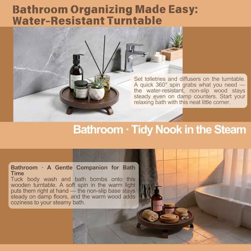 10" Solid Wood Lazy Susan Turntable Organizer for Cabinet, Pantry, Kitchen Countertop - Farmhouse Style with Raised Feet & Water-Resistant Coating, Rustic Bathroom Vanity Tray and Dining Table Decor - size: 10 Inch