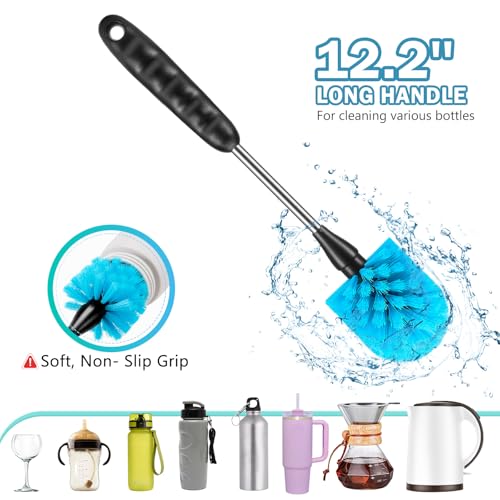12.2 inch Bottle Brush Set of Three，Washable Coffee Cups, Water Bottles, Baby Bottles, Straws, to-go Cups, Long-Handled 3-in-1 Stainless Steel Bottle Brushes. (Blue) - color: Blue