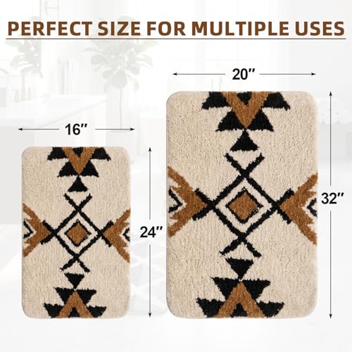 Arttown White Boho Aztec Vintage Bathroom Rug Set 2 Piece Fluffy Microfiber Bathroom Mat Non-Slip Water Absorbent Bath Rug Soft Washable Floor Rug for Tub Showers Laundry Room Decor (16"x24"+20"x32") - color: White Brown