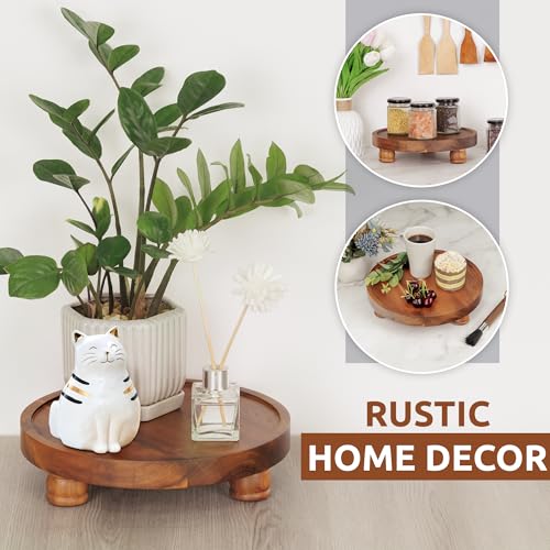 Demigo Acacia Wood Round Tray, 10 in Pedestal Riser Stand for Plant Decor | Farmhouse Countertop Display Board for Soap, Perfume, Candle, Bathroom & Kitchen Organizer Plate - color: Brown