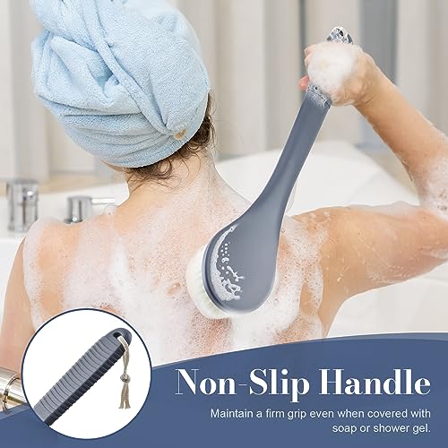 Back Scrubber for Shower, Shower Body Brush for Cleaning with Long Handle for Showering, 17 Inch Back Washer Exfoliator for Shower Men Women with Non-Slip Handle, Adhesive Hook (Gray) - size: Gray - Artificial Bristles