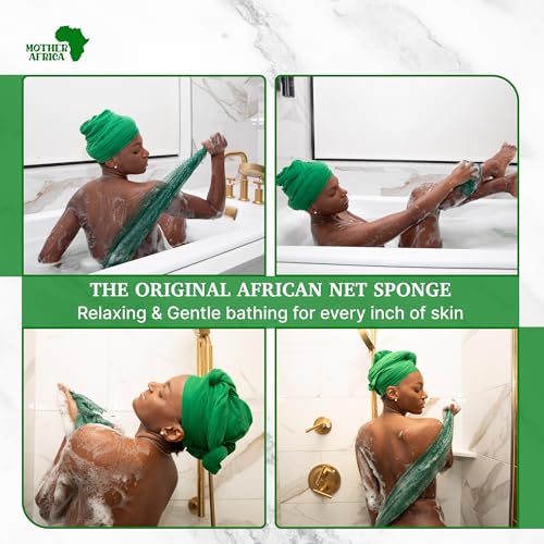 MOTHER AFRICA African Net Sponge Authentic with Knots 2 Pack Black Owned Exfoliating Body Scrubber Bath Sponge for Shower Washcloth Loofah Gentle Deep Cleansing Back Scrubber Face & Body Men & Women - color: Forest Green & Mint Green