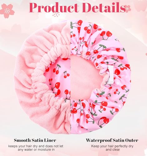 Terry Lined Shower Cap, Shower Cap with Terry Cloth Lining Large Reusable Waterproof with Elastic Band for Long Thick Hair (Pink)
