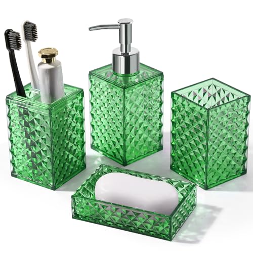 RYTOXILO Green Bathroom Accessories Set, 4 Pack Green Bath Accessory Sets Complete, Acrylic Soap Dispenser and Toothbrush Holder Set for Bathroom Counter Sink, Modern Bathroom Decor - color: Green