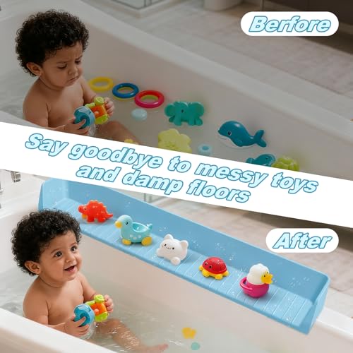 Bathtub Splash Guard for Kids,2.6 FT Silicone Bathtub Play Shelf with 11 Suction Cups, Bath Tub Ledge Shelf for Kids, Prevents Water Spills in Bathroom (Blue) - color: Blue