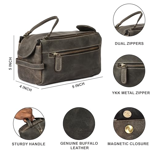 KomalC Premium Buffalo Leather Toiletry Bag for Men & Women With Water resistant Lining, Grooming Travel Pouch, Unisex Wash Bag for Toiletries, Gifts for Men and Women - color: Charcoal Black