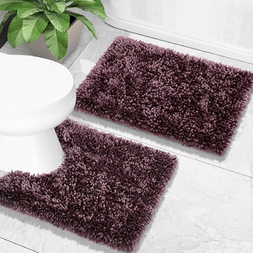 Yimobra Bathroom Rugs Sets 2 Piece, Soft Absorbent Bath Mat and U-Shaped Toilet Rug with Non Slip Backing, Luxury Shaggy Bath Mats for Bathroom, Machine Washable, 24"x17"+24"x20", Dark Purple - color: Dark Purple, size: 24x17 + 24x20 Inch