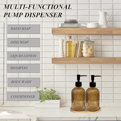 Glass Hand and Dish Soap Dispenser Set of 2 with Plastic Pumps, Bamboo Tray, 13.5oz Brown Bathroom Soap Dispenser with Vertical Stripe for Hand Wash & Dish Wash, Ideal for Bathroom Kitchen Countertop - color: Brown