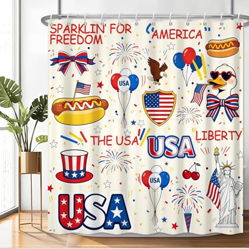 Fabric Shower Curtain with Hooks, Waterproof & Washable & Polyester, Fourth of July Patriotic Decorations Shower Curtains for Bathroom, Red White Blue Star Bathroom Curtain, House Gift, 71x74 Inch - color: 4th of July