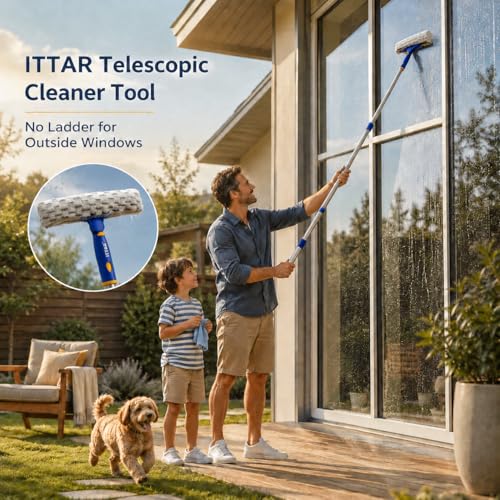 ITTAR Window Squeegee Cleaning Kit with 60" Extension Pole, Rotatable Glass Cleaner Tool 12" Rubber Blade & 2 Microfiber Pads, Window Washing Equipment for High Windows, Shower Doors, Car Windshield