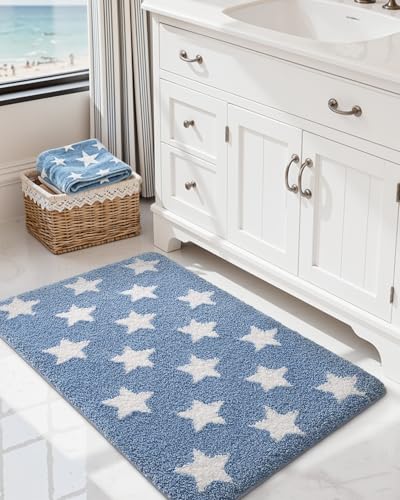 DEXI Star Bathroom Rug, 36x24 Non Slip Washable Bath Mat Absorbent, Ultra Soft Plush Microfiber Bathmat Quick Dry for Shower Floor, Tub, Sink, Light Blue - color: Light Blue, size: 36" X 24" (Rectangular)