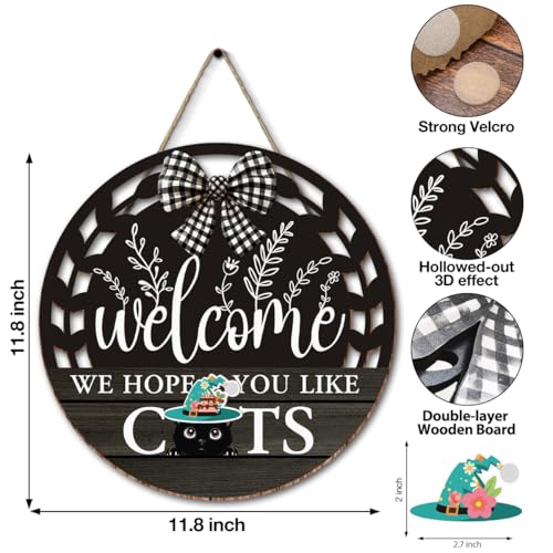 Interchangeable Seasonal Welcome Hanging Sign - Farmhouse Front Door Decoration for Holidays - Rustic Round Wood Wreaths with 12 Icons – Welcome Cat Lover(Black) - color: catsblack