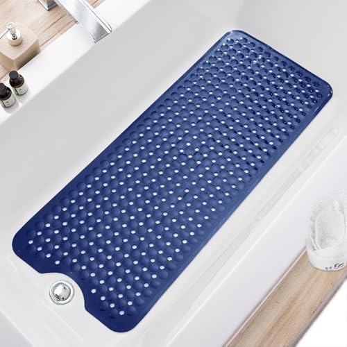 TEESHLY Bath Tub and Shower Mats, Non Slip 40 x 16 Inch Extra Large Bathtub Mat, Machine Washable Bathmat with Drain Holes, Suction Cups for Bathroom Floor, Navy Blue - color: Navy Blue