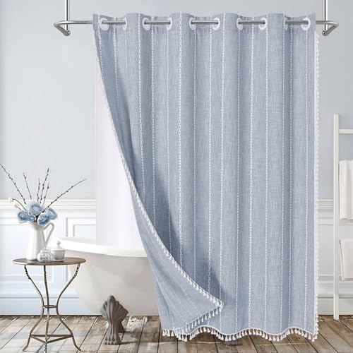 MitoVilla No Hooks Required Boho Farmhouse Shower Curtain with Snap-in Liner, Cotton Linen Fabric Shower Curtains with Tassels for Rustic Neutral Bathroom Decor, Blue, 72 x 74 - color: Blue