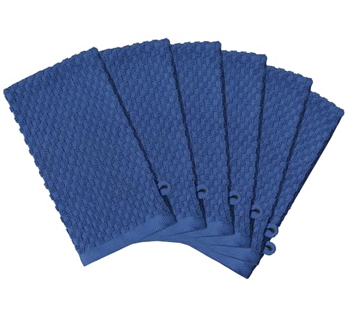 COTTON CRAFT Bath Mitt - 6 Pack Euro Spa Waffle 100% Cotton Towel Mitts | Large 5.5x10 inches Blue Exfoliating Gloves - Sensitive Skin Friendly - Body Bath Shower Glove Washcloth with Hanging Loop - color: Blue - Bath Mitt