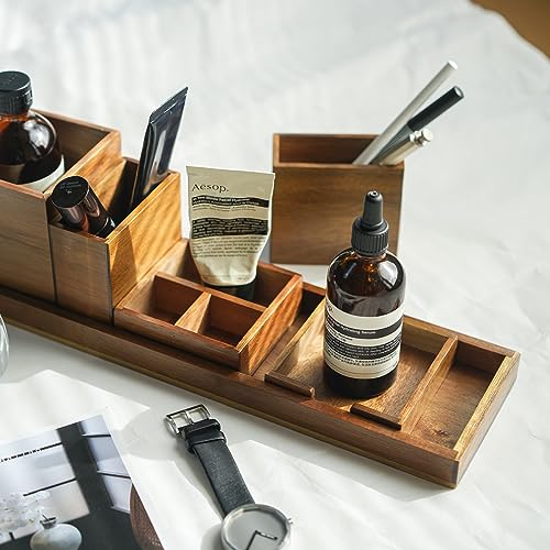 Wood Vanity Tray, 6-Piece Small Bathroom Counter Organizer Wooden Decorative Trays Rectangular Perfume Jewelry Makeup Cosmetic Holder Set - Holds Small Items - color: Wood