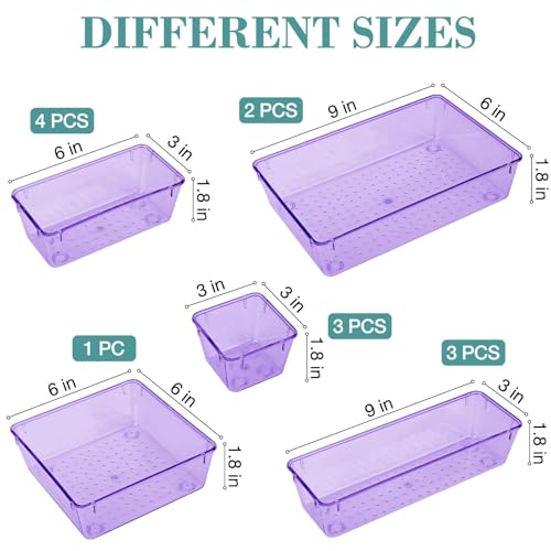 StorMiracle 13 PCS Drawer Organizer Set, 5 Varied Size Bathroom and kitchen Drawer cabinet organizer Trays, Clear Storage Bins for Makeup, Jewelry, Utensils and Gadgets, Purple - color: Purple, size: 13 PCS